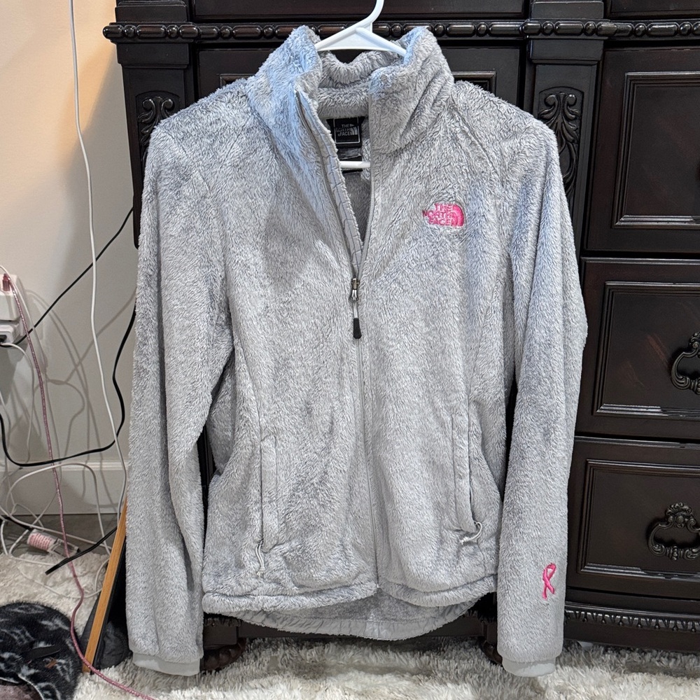The North Face Light Gray Fleece Jacket with Pink Accents